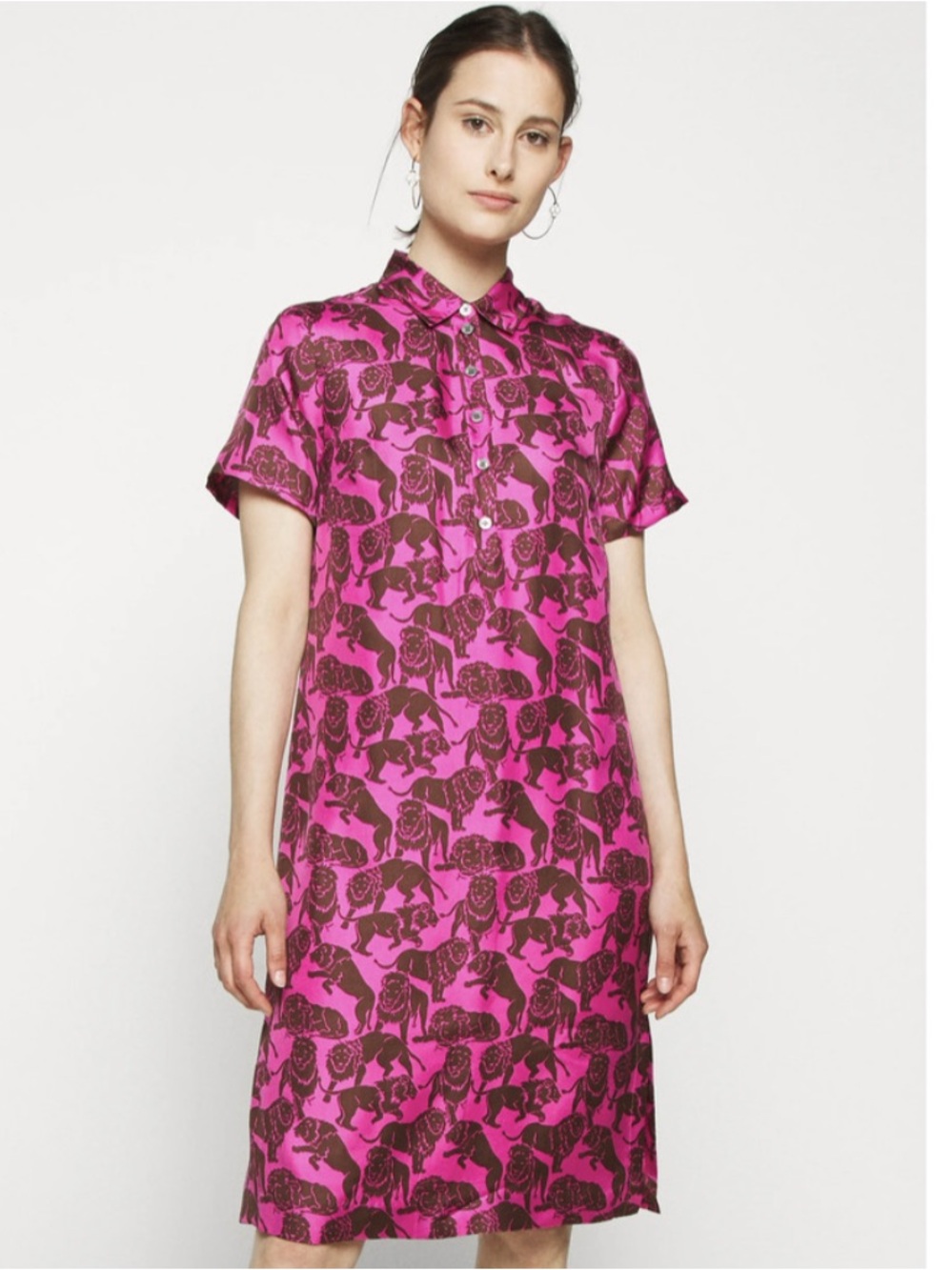 J.Crew Collection 100% Silk Twill Sleepy Lions Print Pink Brown Collar Size 4